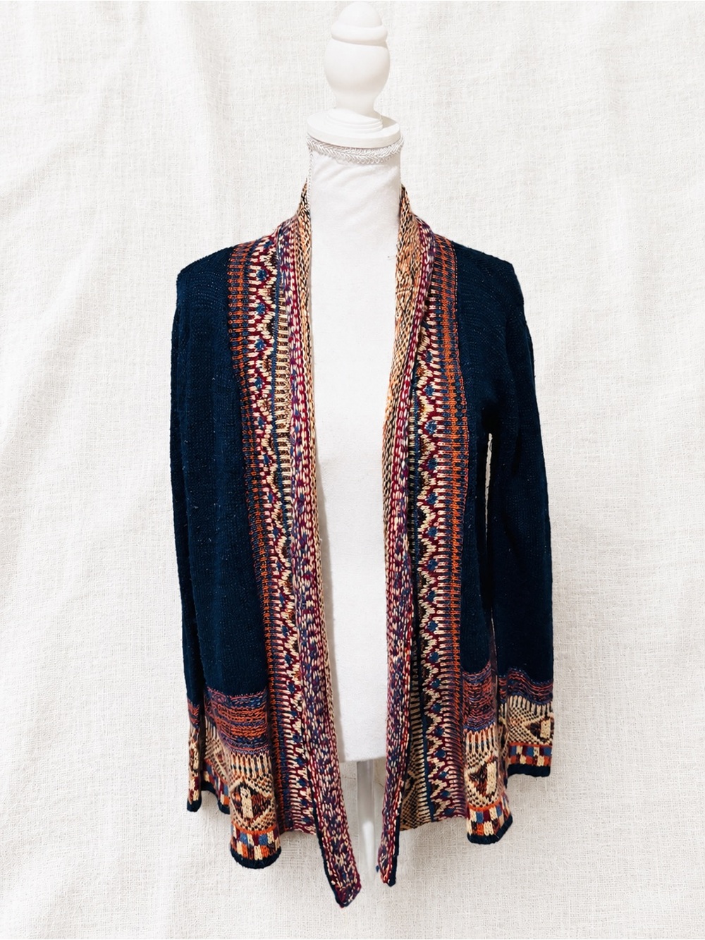 Dark Navy Open-Front Cardigan with Multicolor Woven Trim